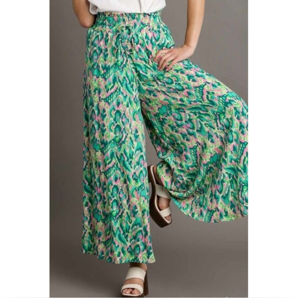 Umgee Pants - Umgee Pink Green Mixed Print High Waist Wide Leg Pants - Size: L NWT
